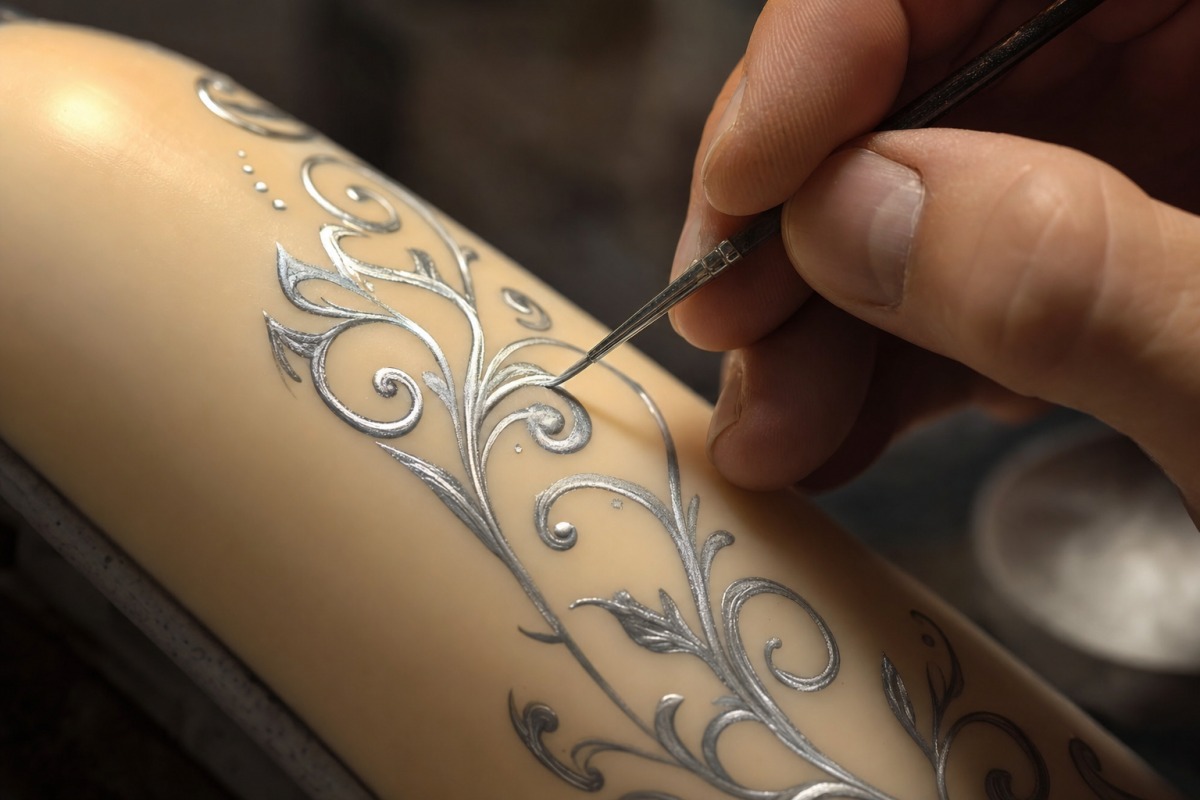 Pictarea manuală a unui ornament argintiu cu o pensulă fină pe suprafața lumânării