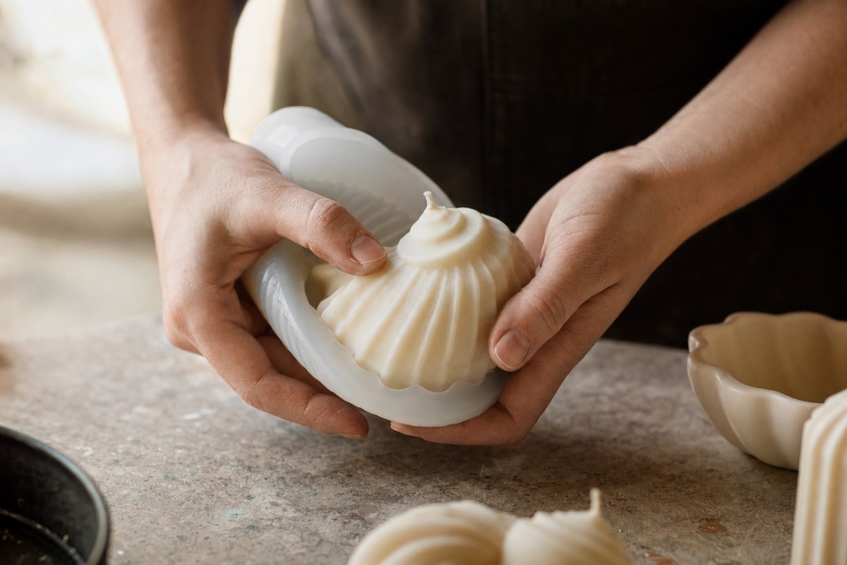 Mâini scot cu grijă piesa de ceară brută din forma de silicon, în atelier