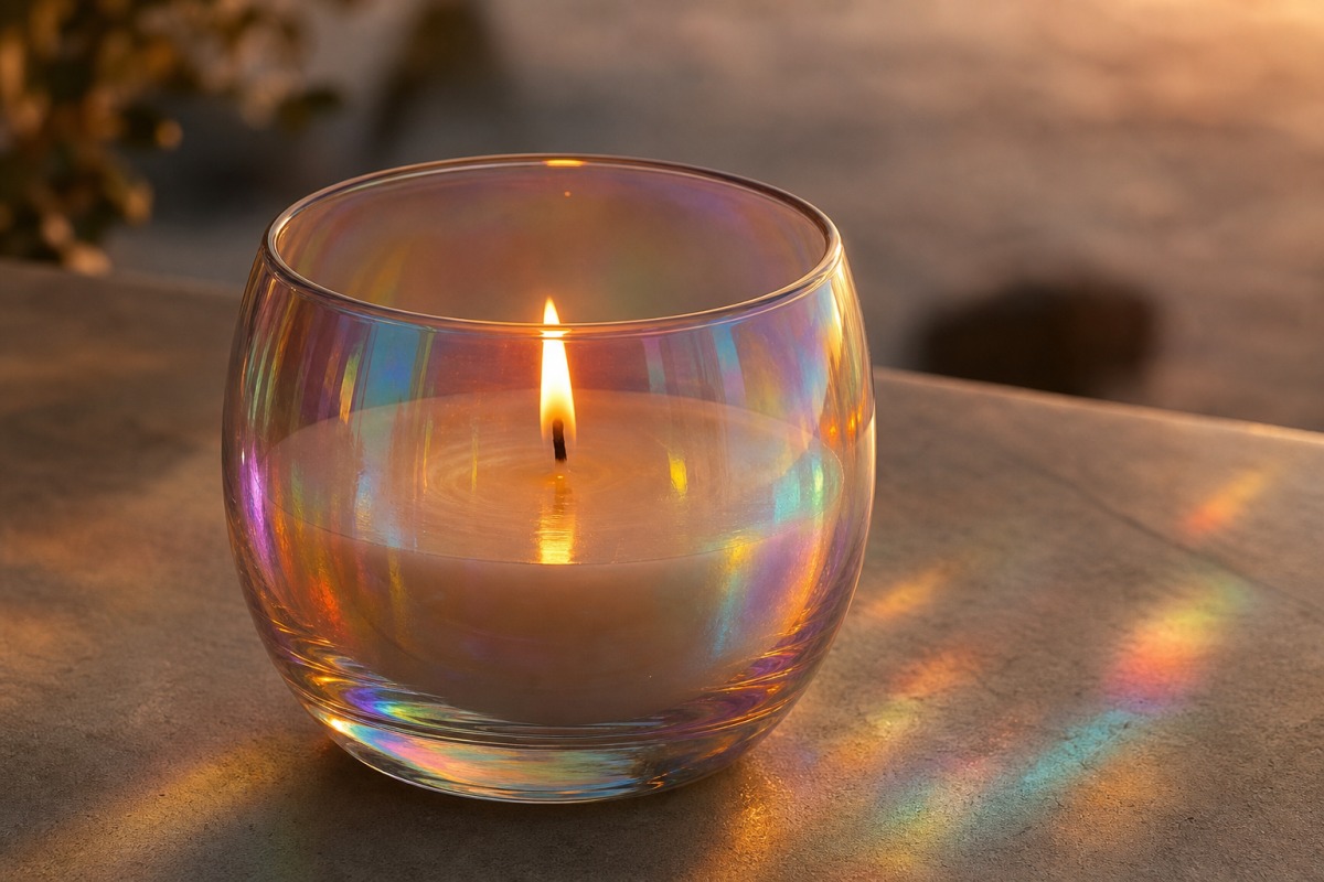Lumânare vegetală curată care arde într-un pahar holografic dicroic, ce refractă lumina flăcării în reflexii curcubeu.