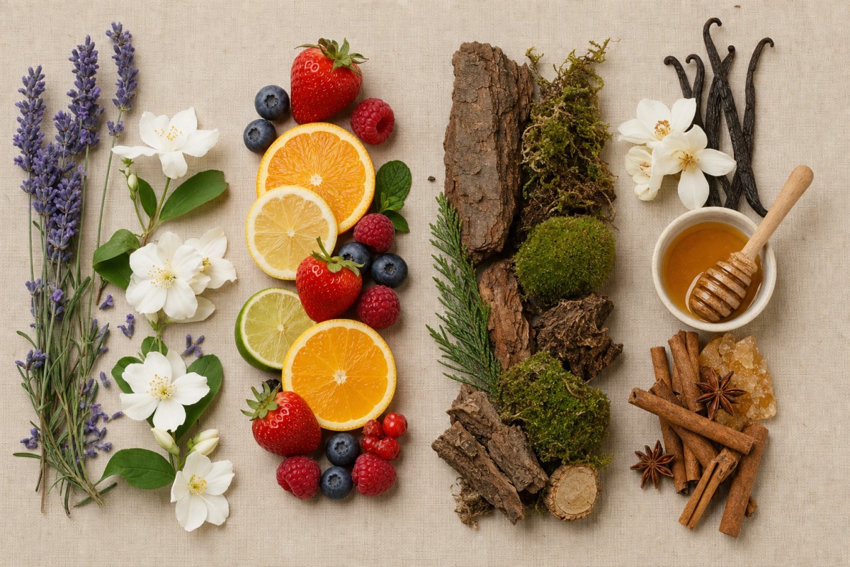 Patru familii de parfumuri — florală, fructată, lemnoasă și dulce — aranjate una lângă alta