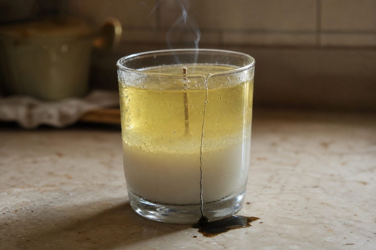 Pahar de sticlă subțire cu o lumânare gel de limonadă în două straturi, crăpată pe toată lungimea de la fund până la margine, cu o baltă de ulei pe blat