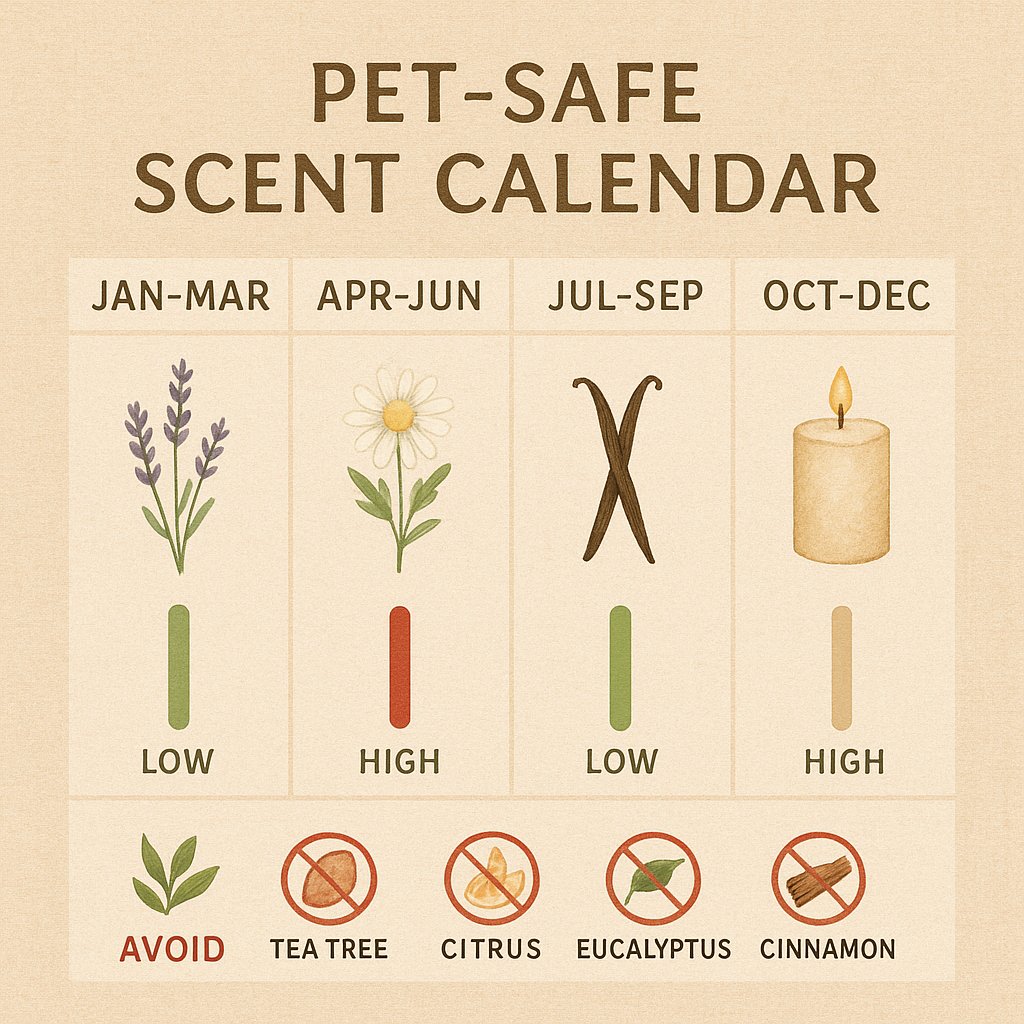 Calendar trimestrial pet-safe cu 5 arome sigure și 4 uleiuri toxice cu anotimpurile marcate