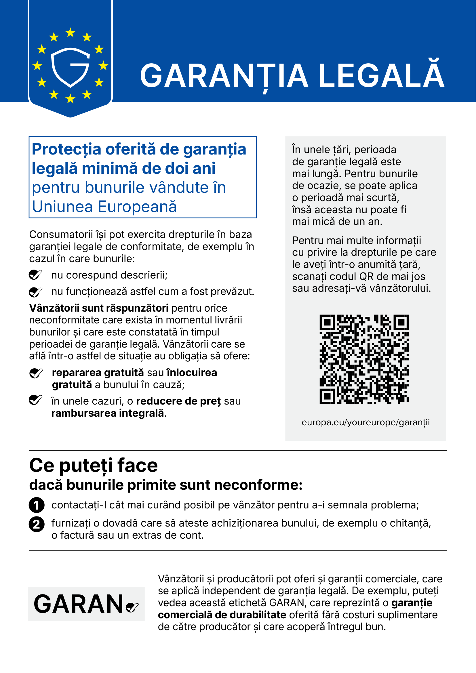Notificare privind garanția legală de conformitate de doi ani în UE
