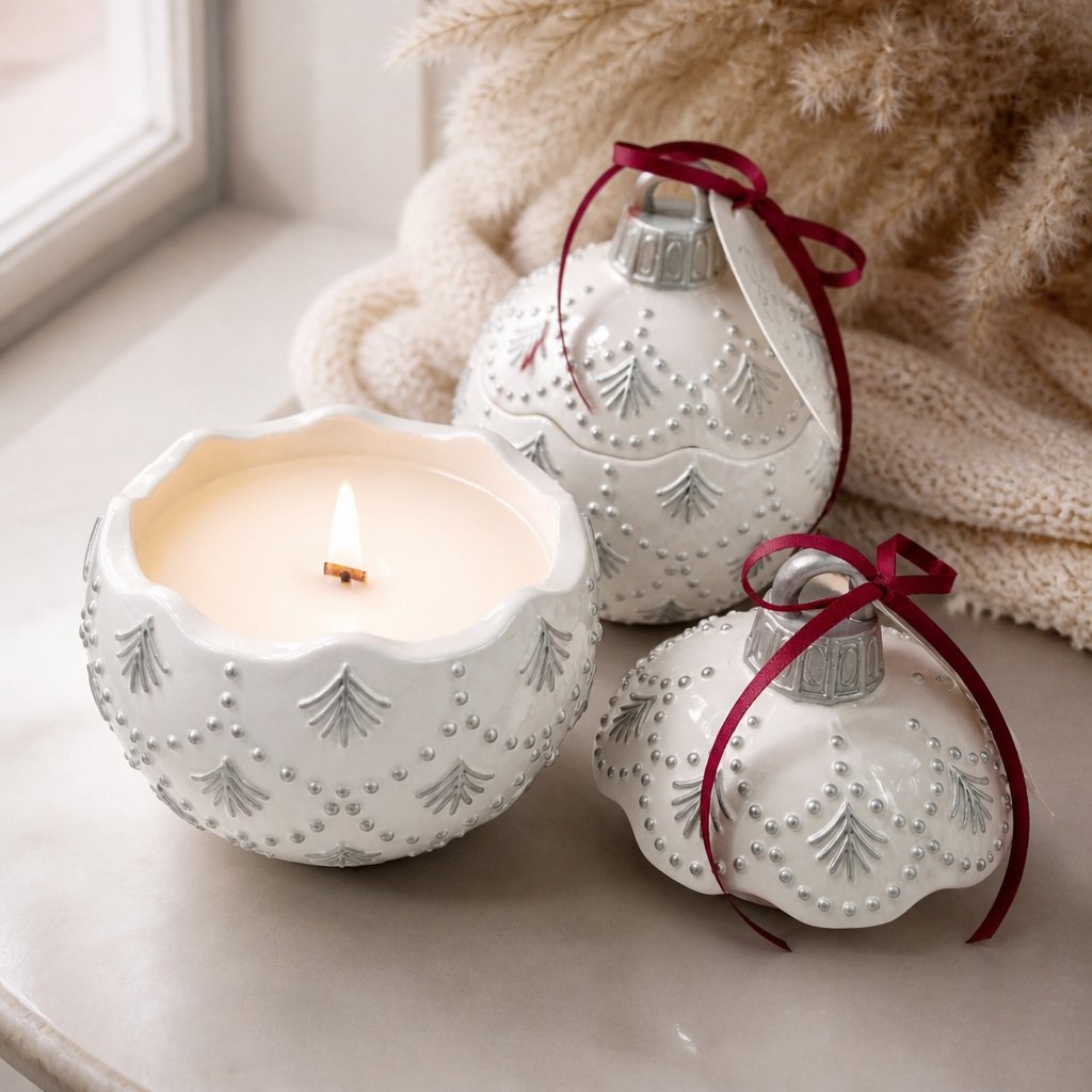 Lumânare Christmas Bauble Enchanted - Albă / Argintie / Magia Iernii