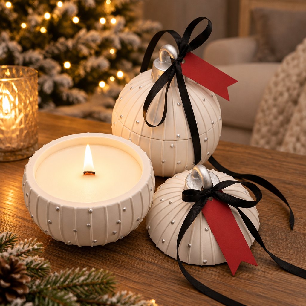 Lumânare Christmas Bauble Charming - Albă / Argintie / Magie de Iarnă